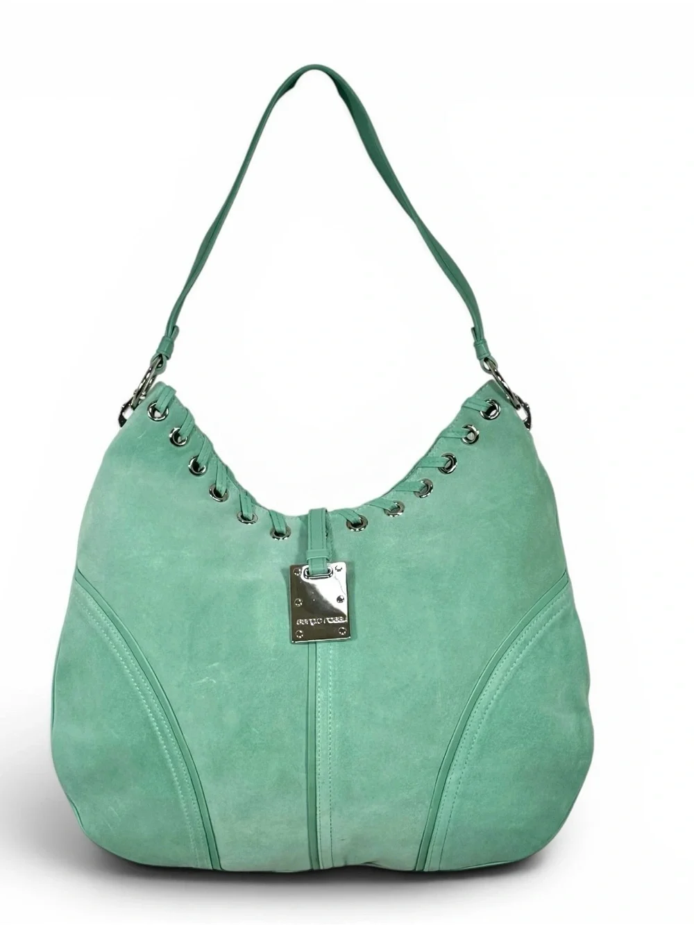 Sergio Rossi Mint Green Suede Hobo Shoulder Bag Grommet Hardware Italy Vintage